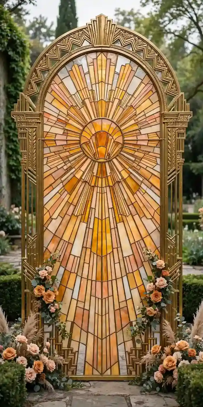 Art deco sunburst stained glass wedding arch with gold rays and amber glass