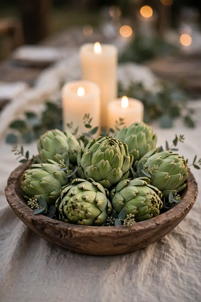 Artichokes piled in a wooden bowl with candles