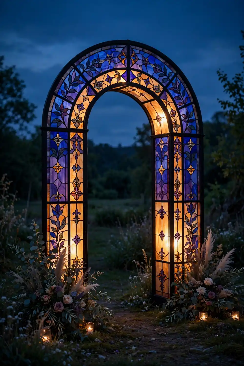 Backlit stained glass wedding arch glowing at dusk for evening ceremonies