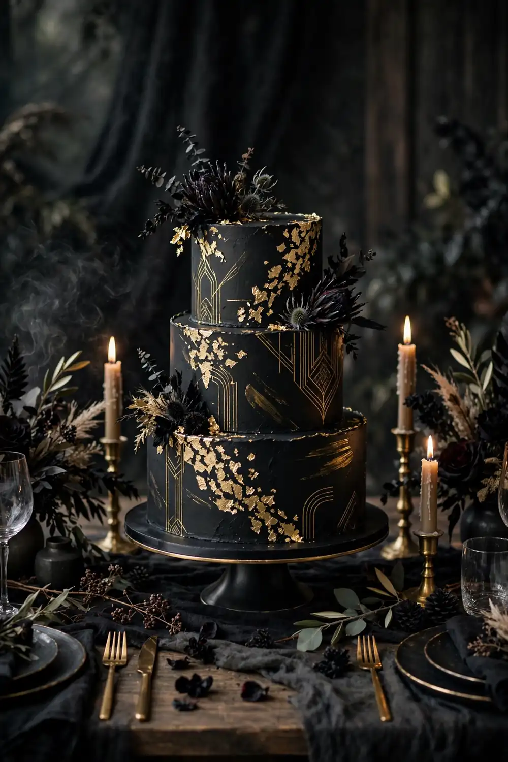 Black wedding cake with gold details