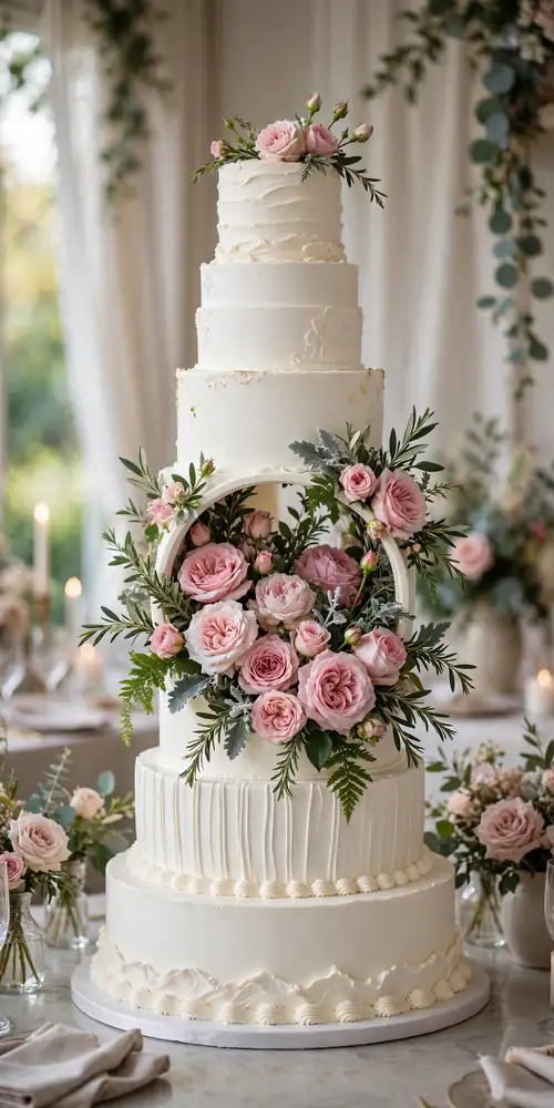 Wedding cake with a bloom-filled open tier