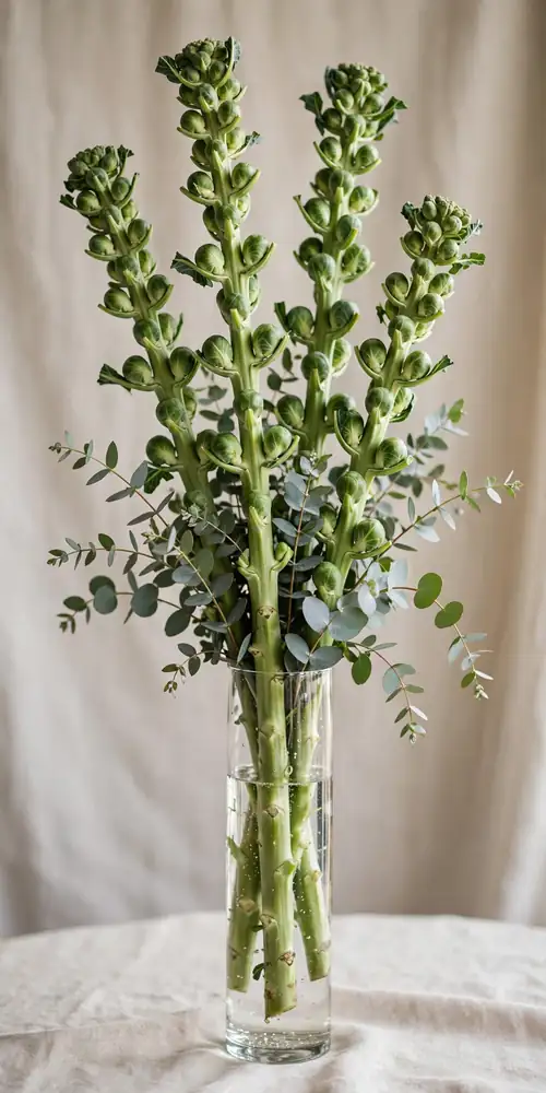 Brussels sprout stalks in a tall narrow vase