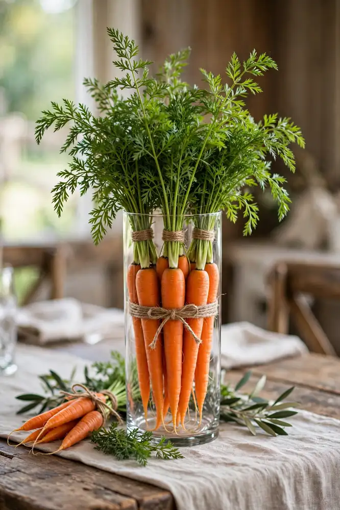 Bunched carrots with green tops in a tall vase