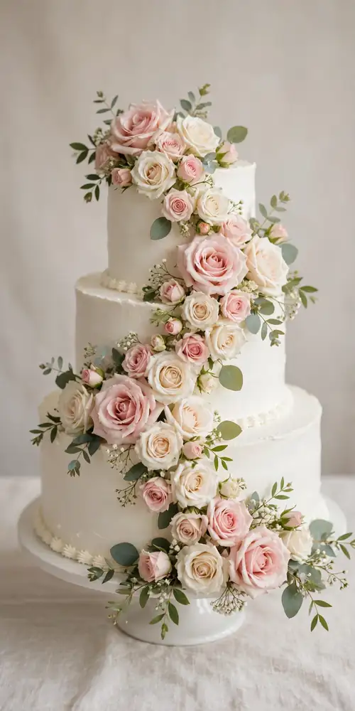 Wedding cake with cascading roses