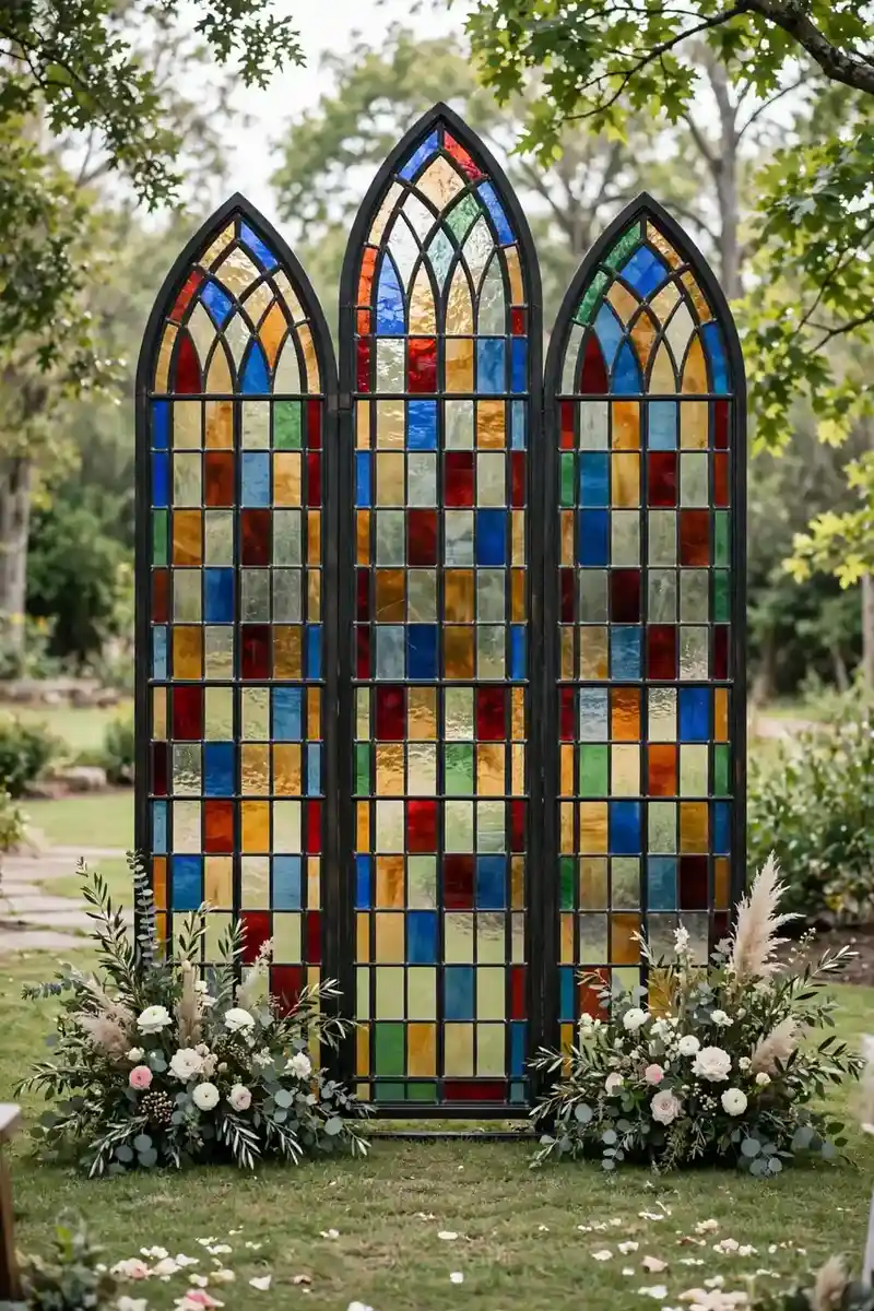 Chapel-style leaded glass panel wedding arch with arched church-window frames and colored glass