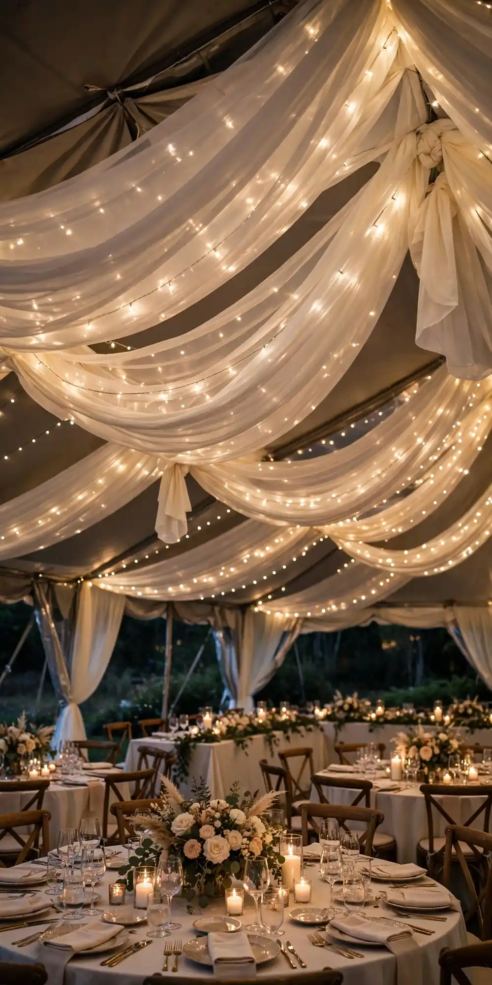 Chiffon ceiling swags with fairy lights