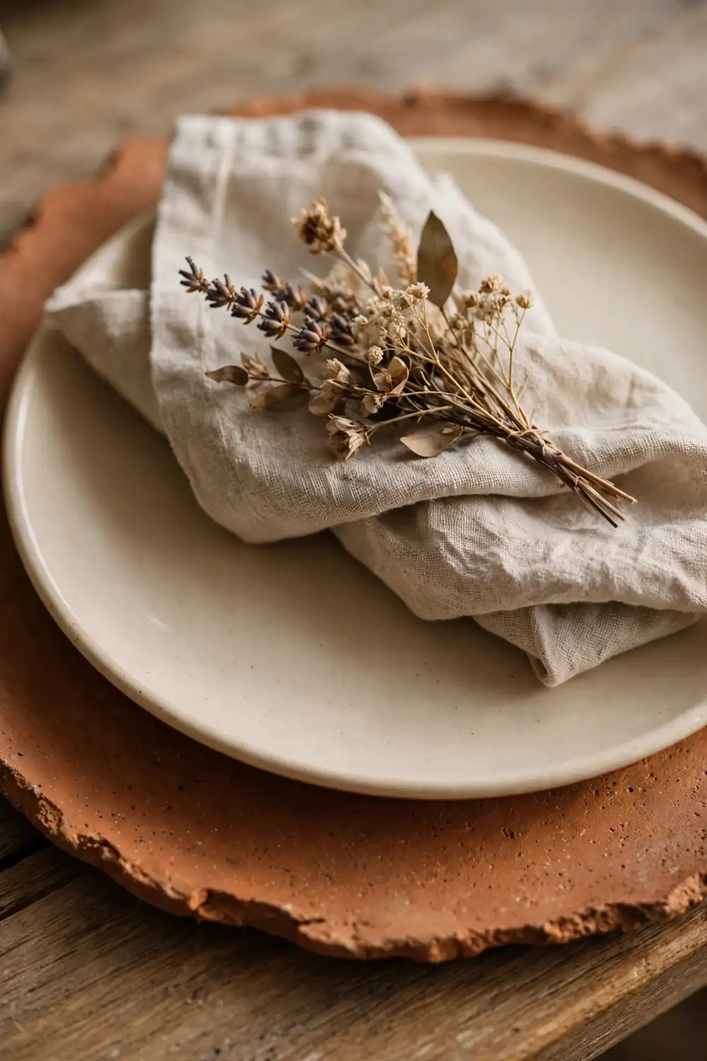 Terracotta clay charger plate tablescape with cream plate and dried flower sprig