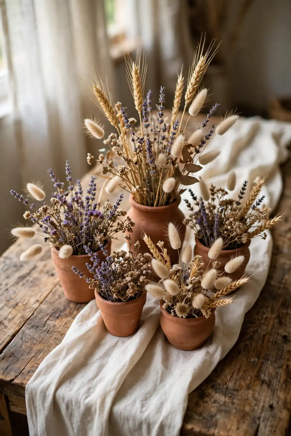 Terracotta clay pots filled with dried flowers and grasses as wedding centerpieces