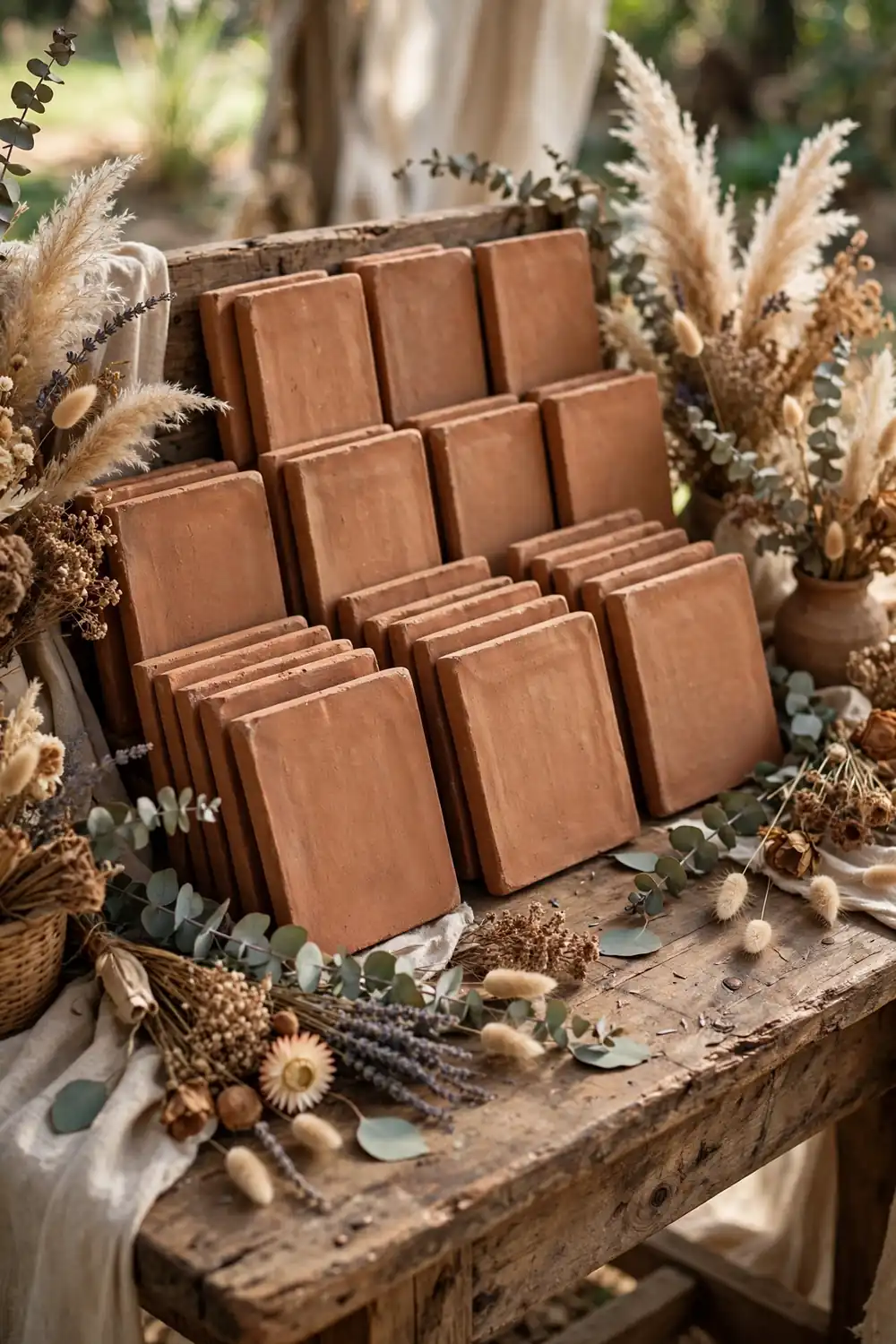 Clay tile escort card display with guest names on terracotta saltillo tiles