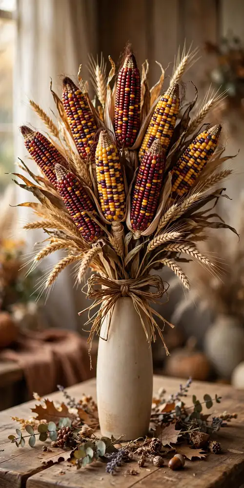 Dried ornamental corn and wheat sheaf