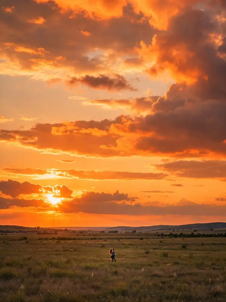 Couple dancing in a field at sunset
