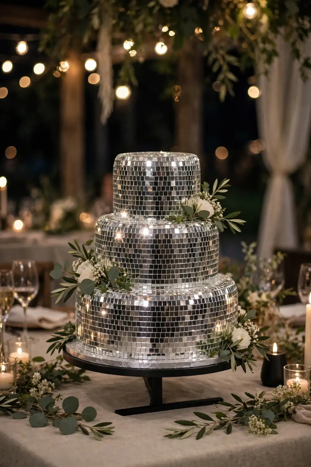 Wedding cake covered in silver disco ball mirror tiles