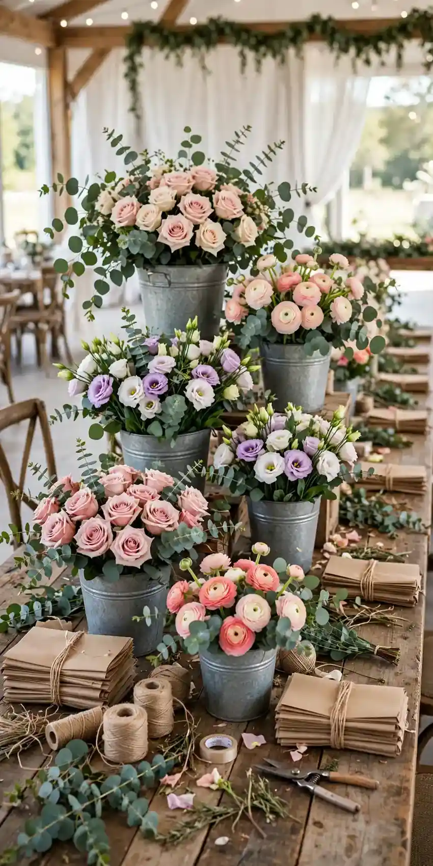 DIY bouquet bar with flower buckets