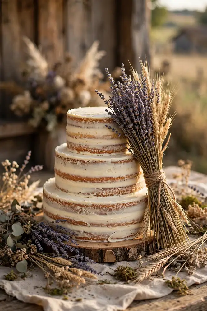 Rustic cake with dried lavender and wheat