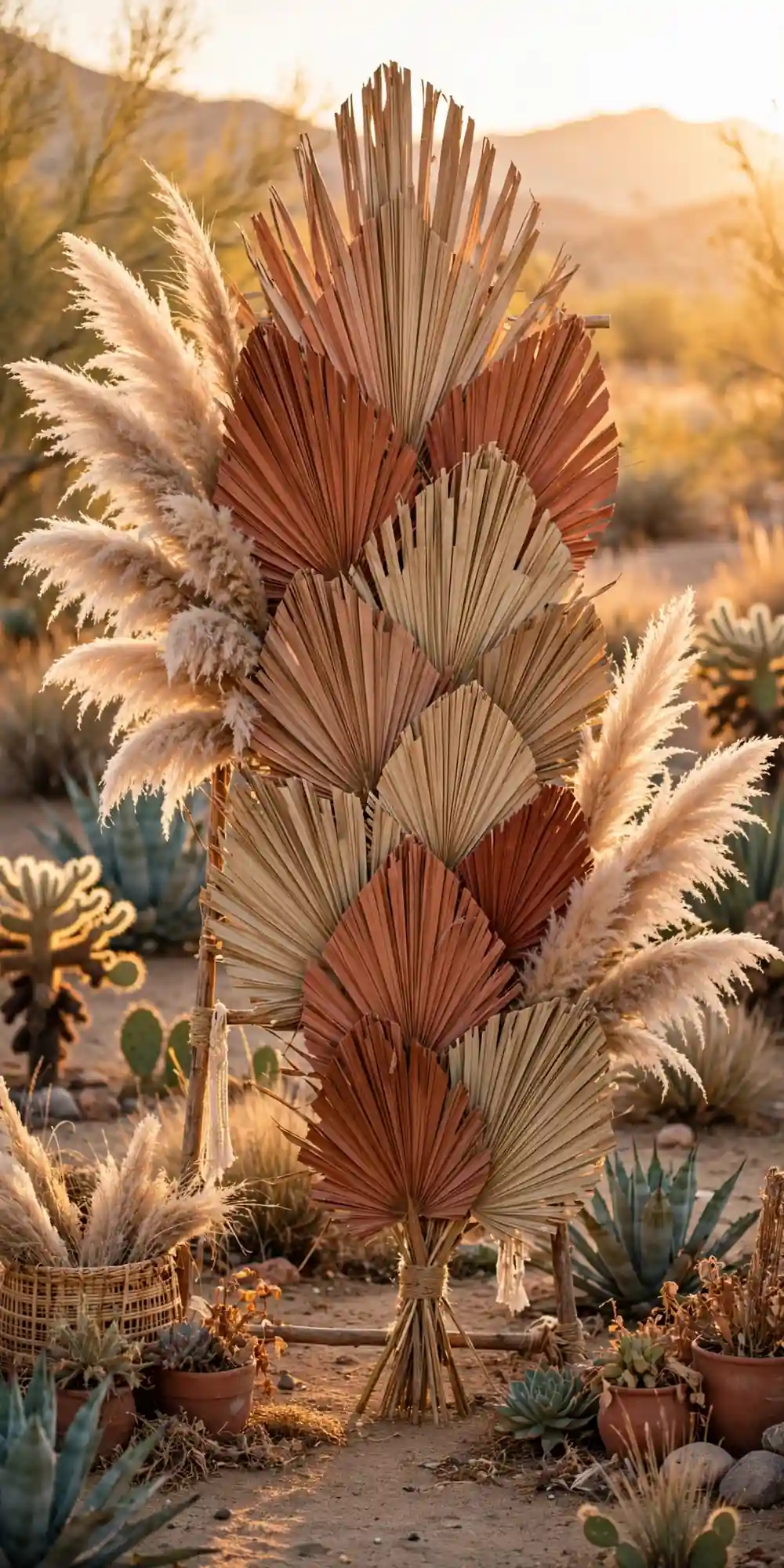 Dried palm ceremony backdrop in terracotta tones with pampas grass edges