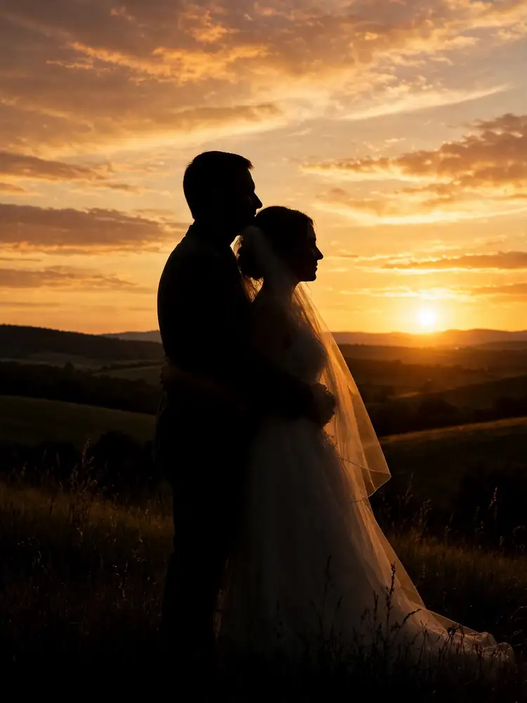 Embrace from behind wedding pose at sunset