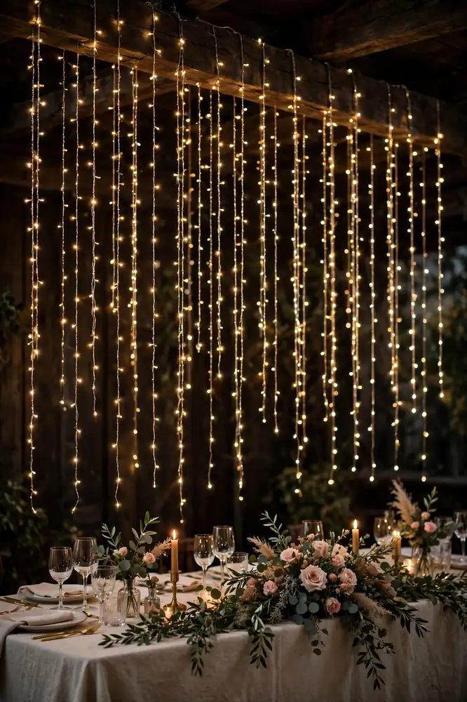 Fairy lights falling like rain from a beam