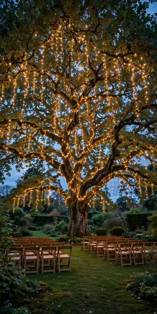 Fairy lights wrapped in a tree canopy