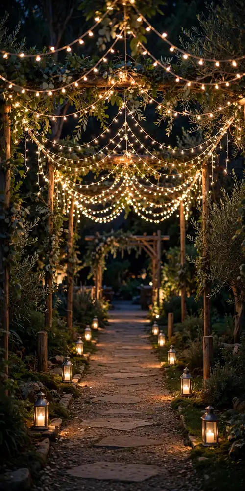 Tunnel of fairy lights over a walkway
