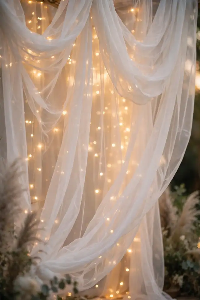 Fairy lights glowing behind sheer white fabric