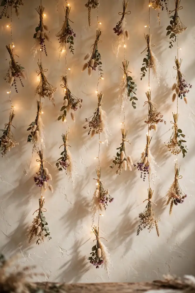 Fairy lights with hanging dried florals