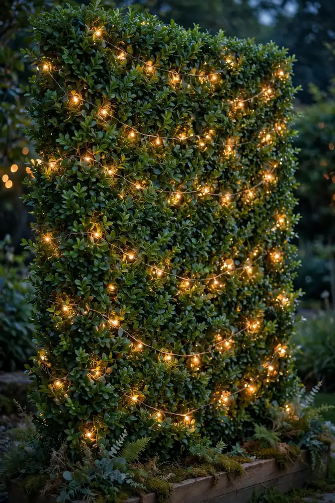 Fairy lights woven into a greenery wall