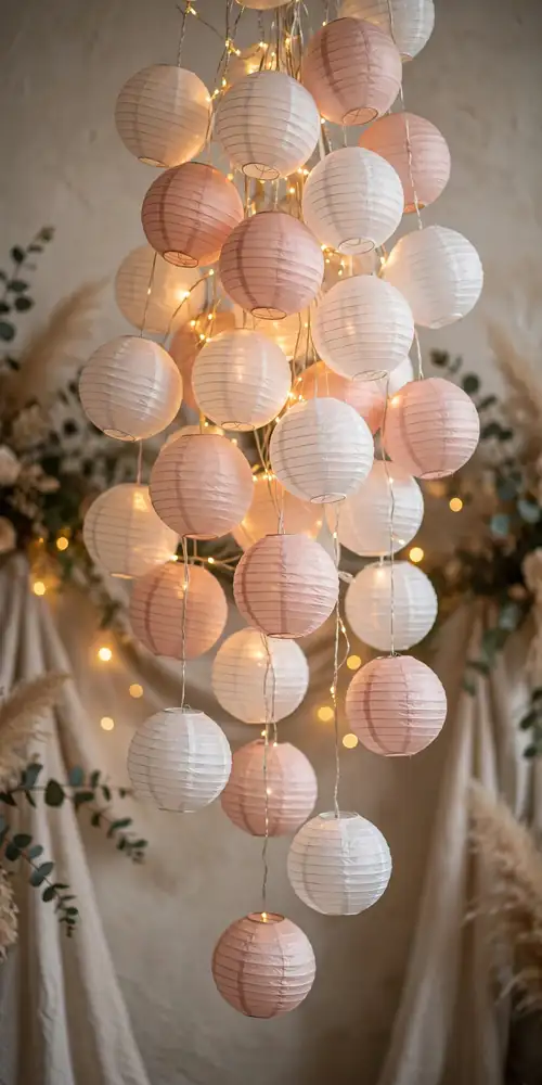 Fairy lights woven through paper lanterns