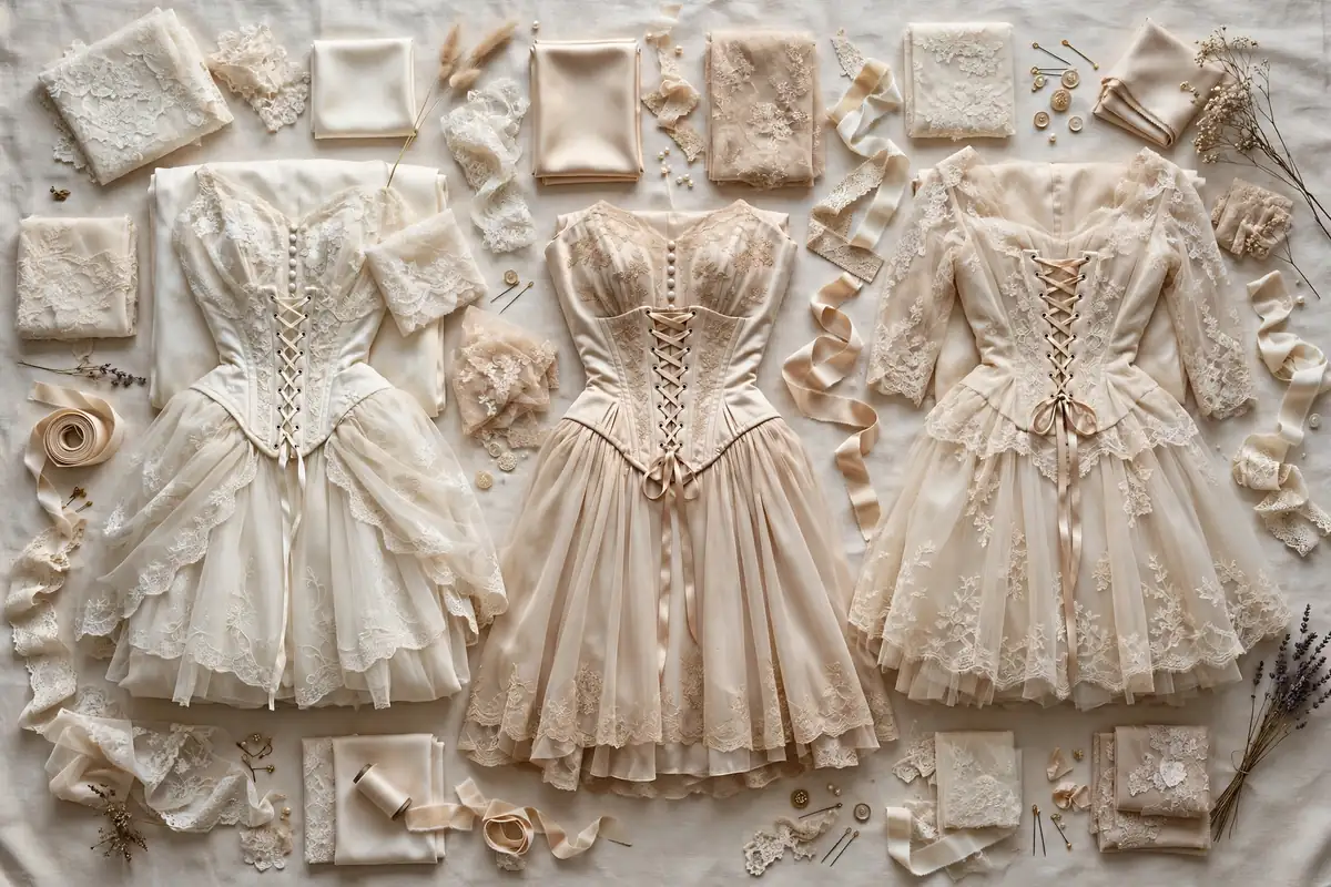 Vintage-style drop waist corset wedding dresses flat lay with lace ribbons (featured image)