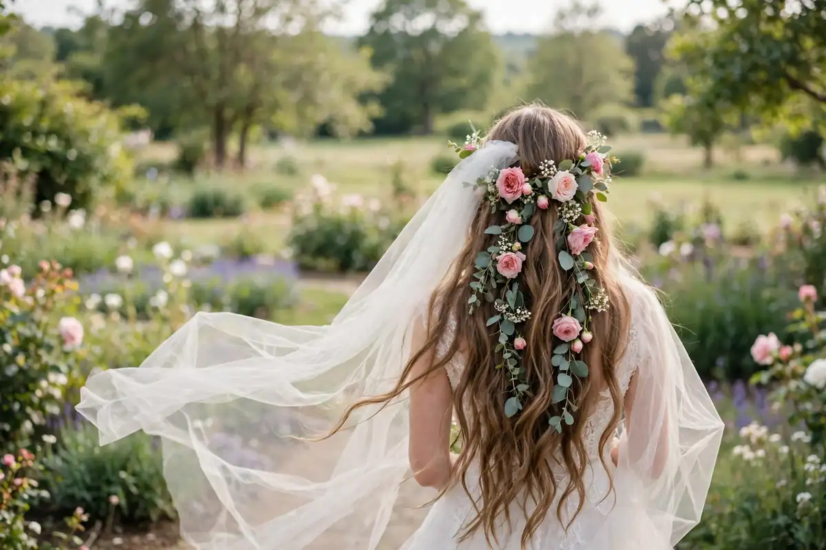 Bride with fresh flowers in her flowing hair and soft veil, garden background