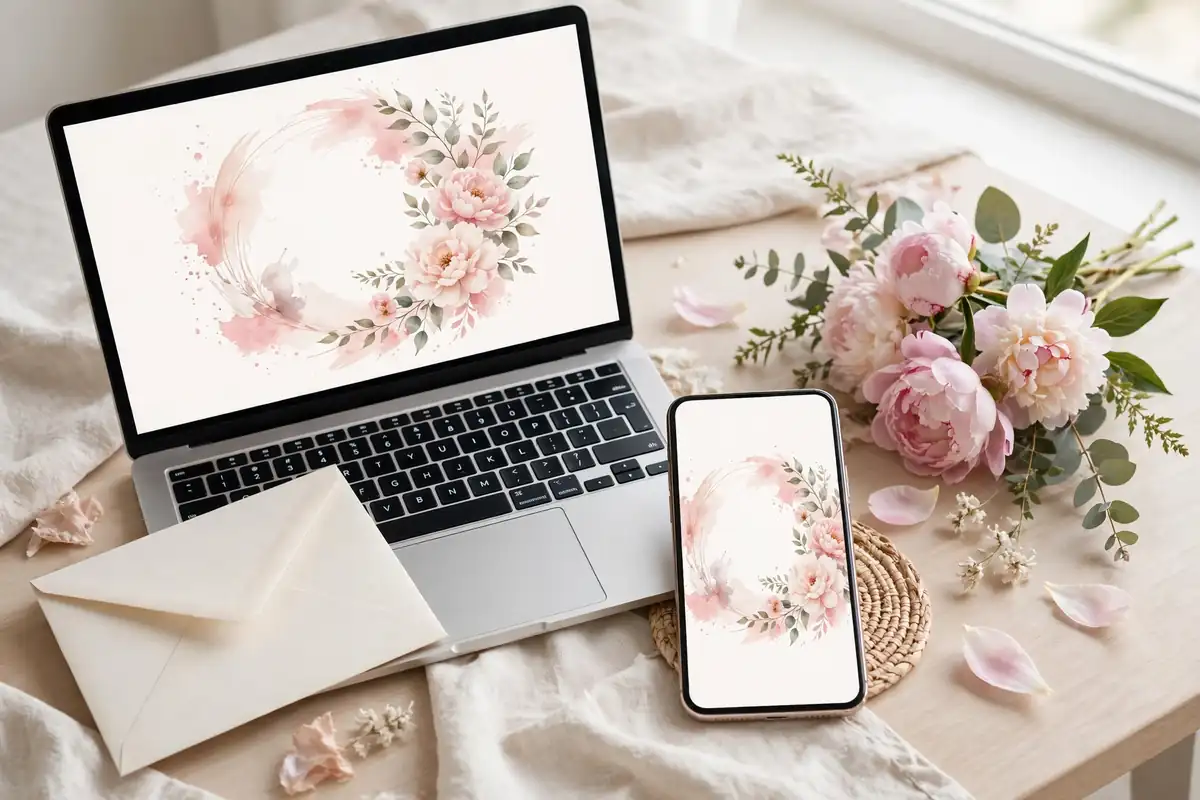 Laptop and smartphone showing abstract wedding invitation designs on a desk
