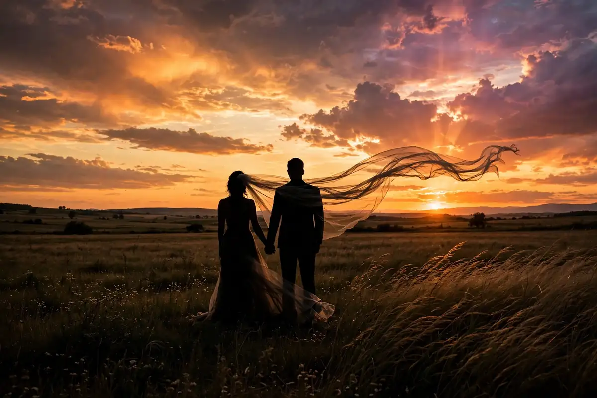 Wedding couple poses for sunset photos