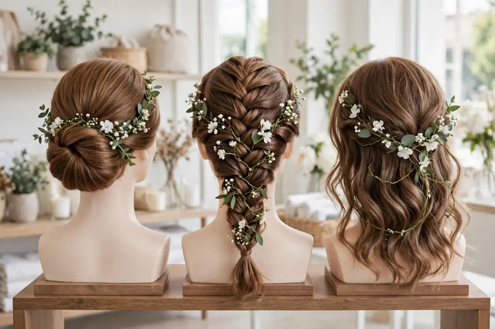 Three bridal hairstyles with hair vines on mannequin heads in a salon display