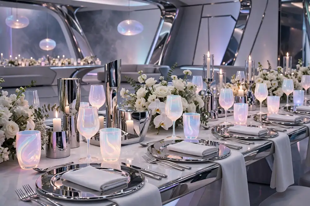 Opalite and chrome wedding tablescape with iridescent glassware
