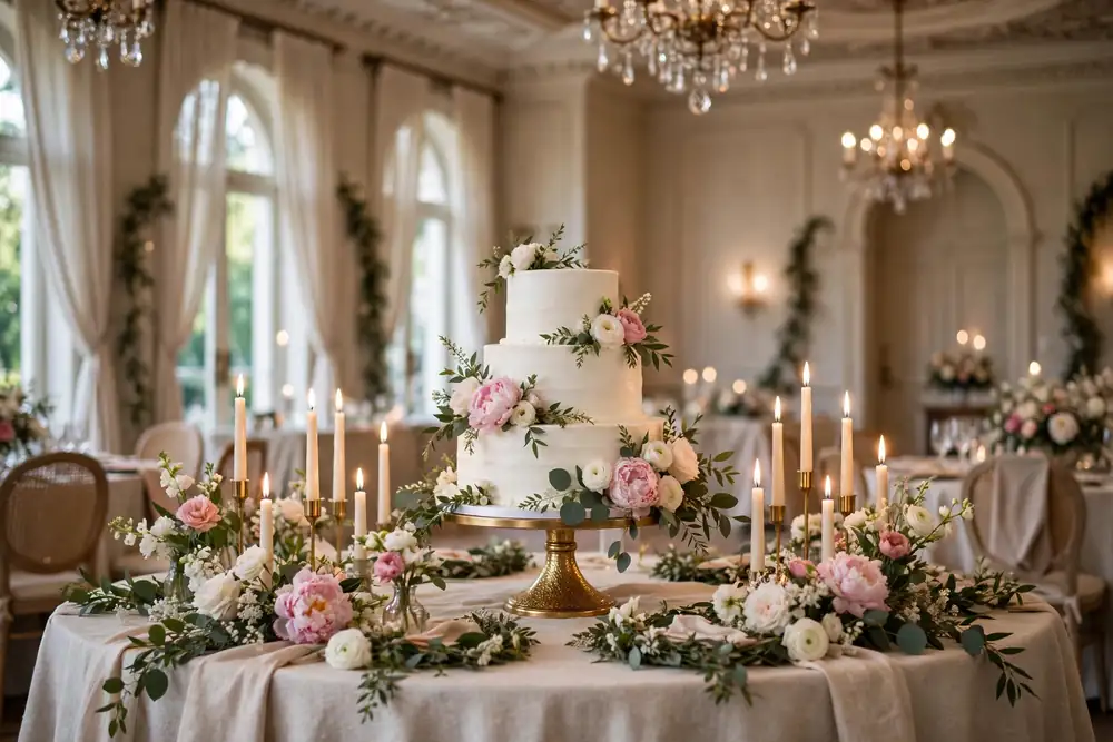 Wedding cake table with three-tier cake, flowers and candles