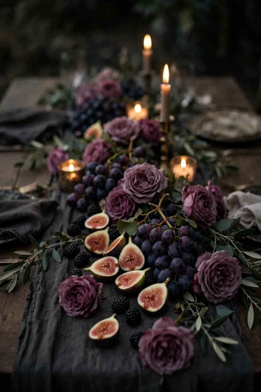 Fig and grape wedding tablescape