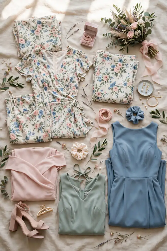 Floral and solid bridesmaid dresses flat lay