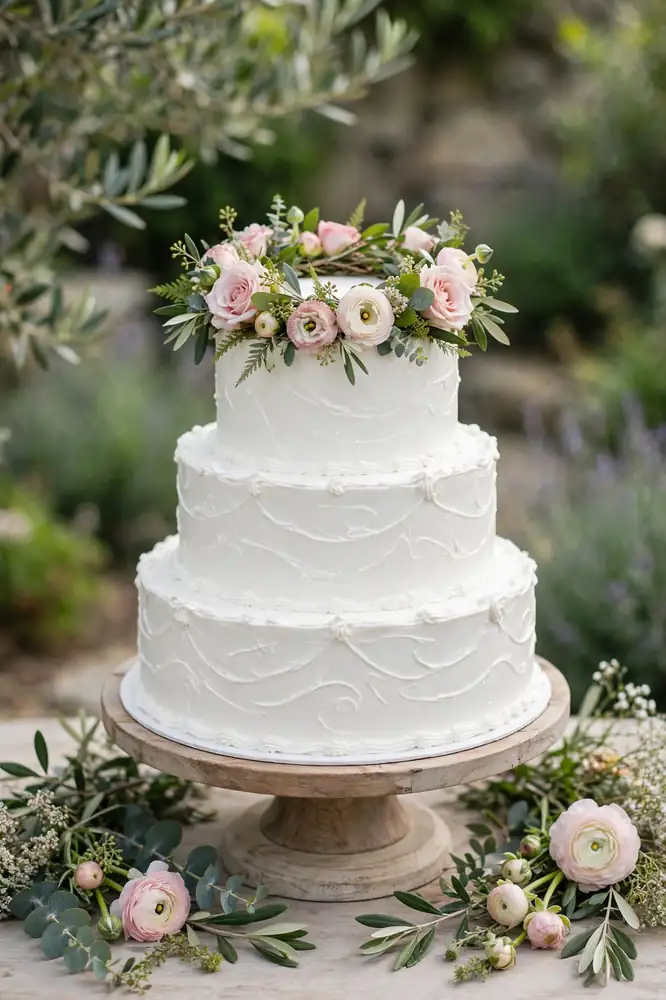 Wedding cake with a flower wreath topper