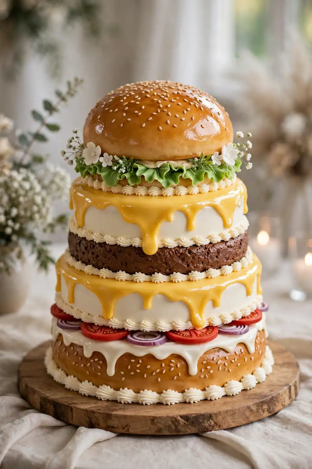 Cheeseburger-shaped food illusion wedding cake
