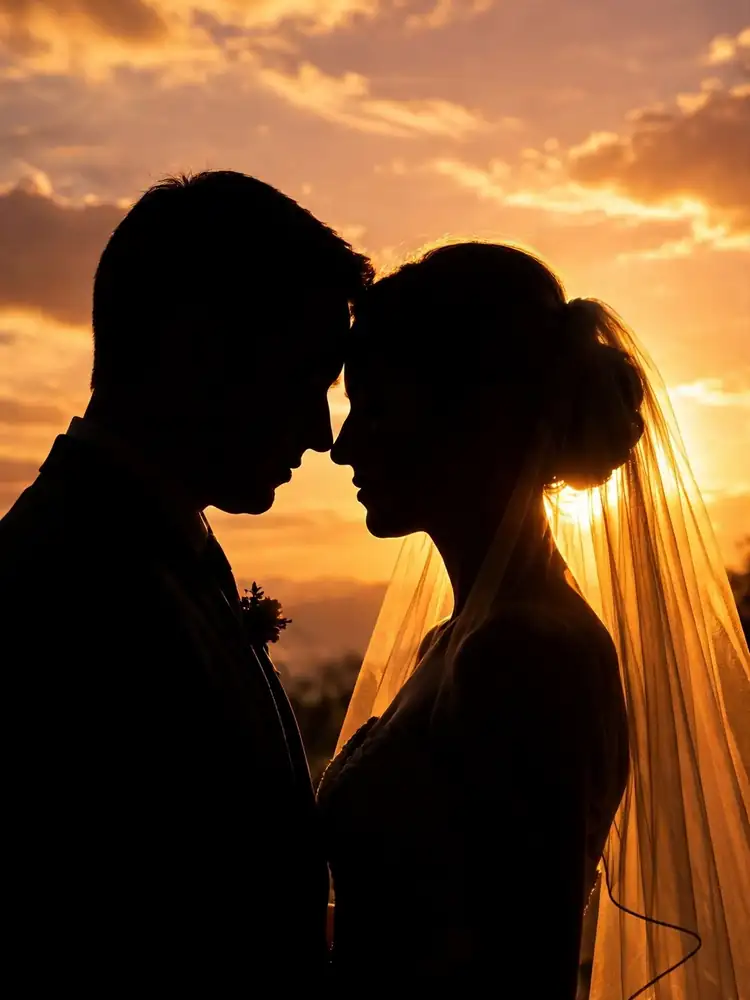 Forehead touch wedding pose at sunset
