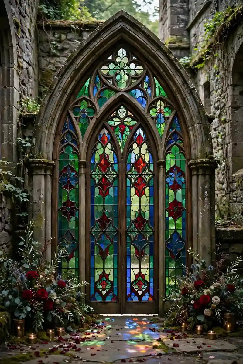 Gothic pointed stained glass wedding arch with jewel-tone glass