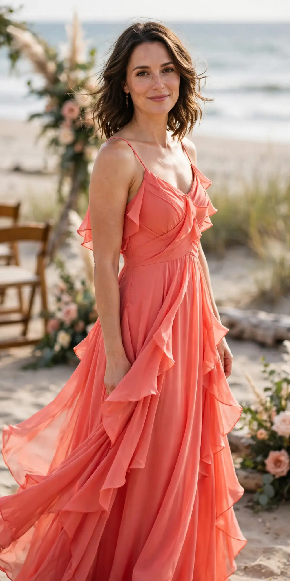 Woman wearing a flowy coral maxi wedding guest dress on a beach at a seaside wedding