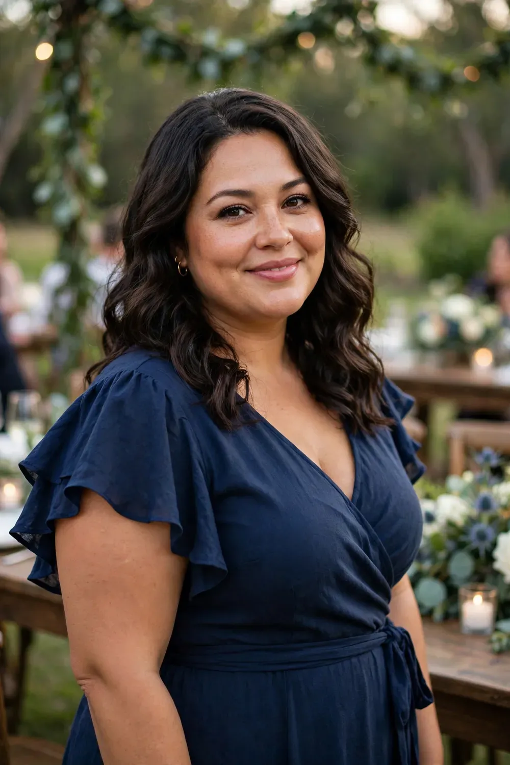 Curvy woman wearing a navy wrap wedding guest dress with flutter sleeves at an outdoor wedding reception