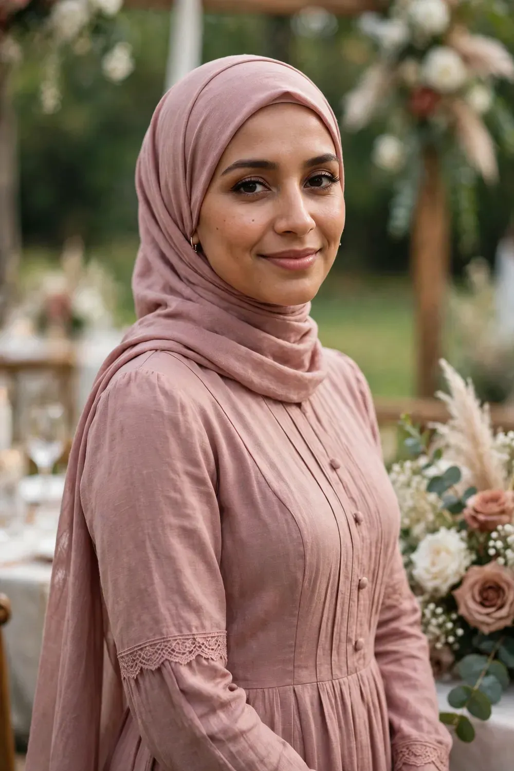 Woman wearing a dusty rose modest wedding guest dress with matching hijab and long sleeves