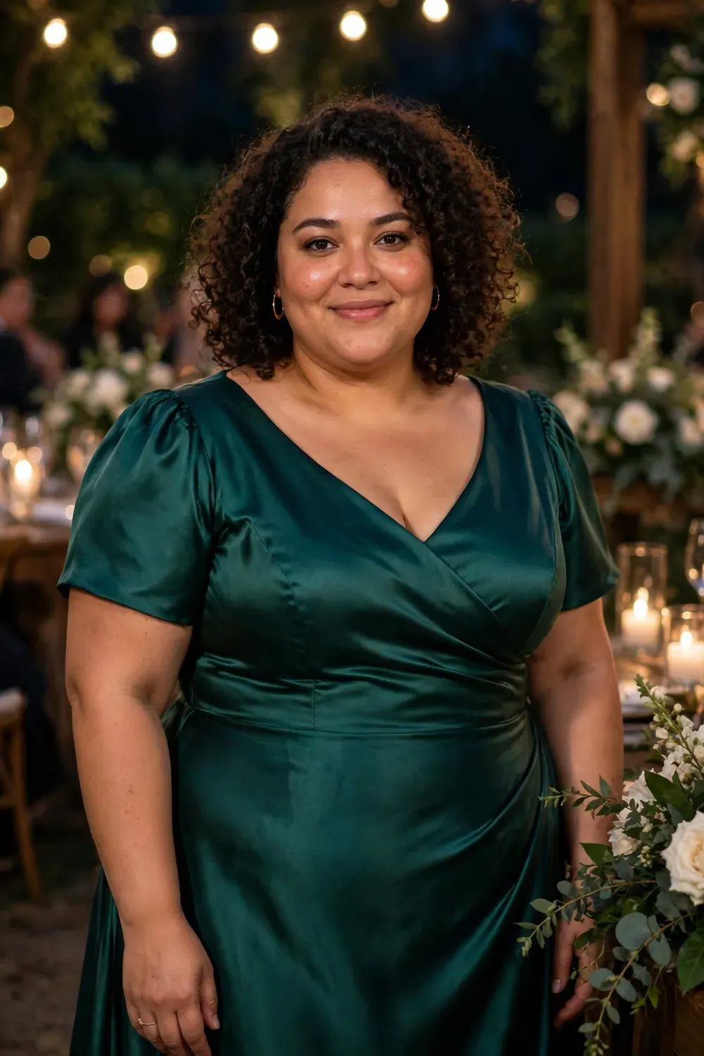 Plus size woman wearing an emerald satin wedding guest gown with short sleeves at a formal evening wedding