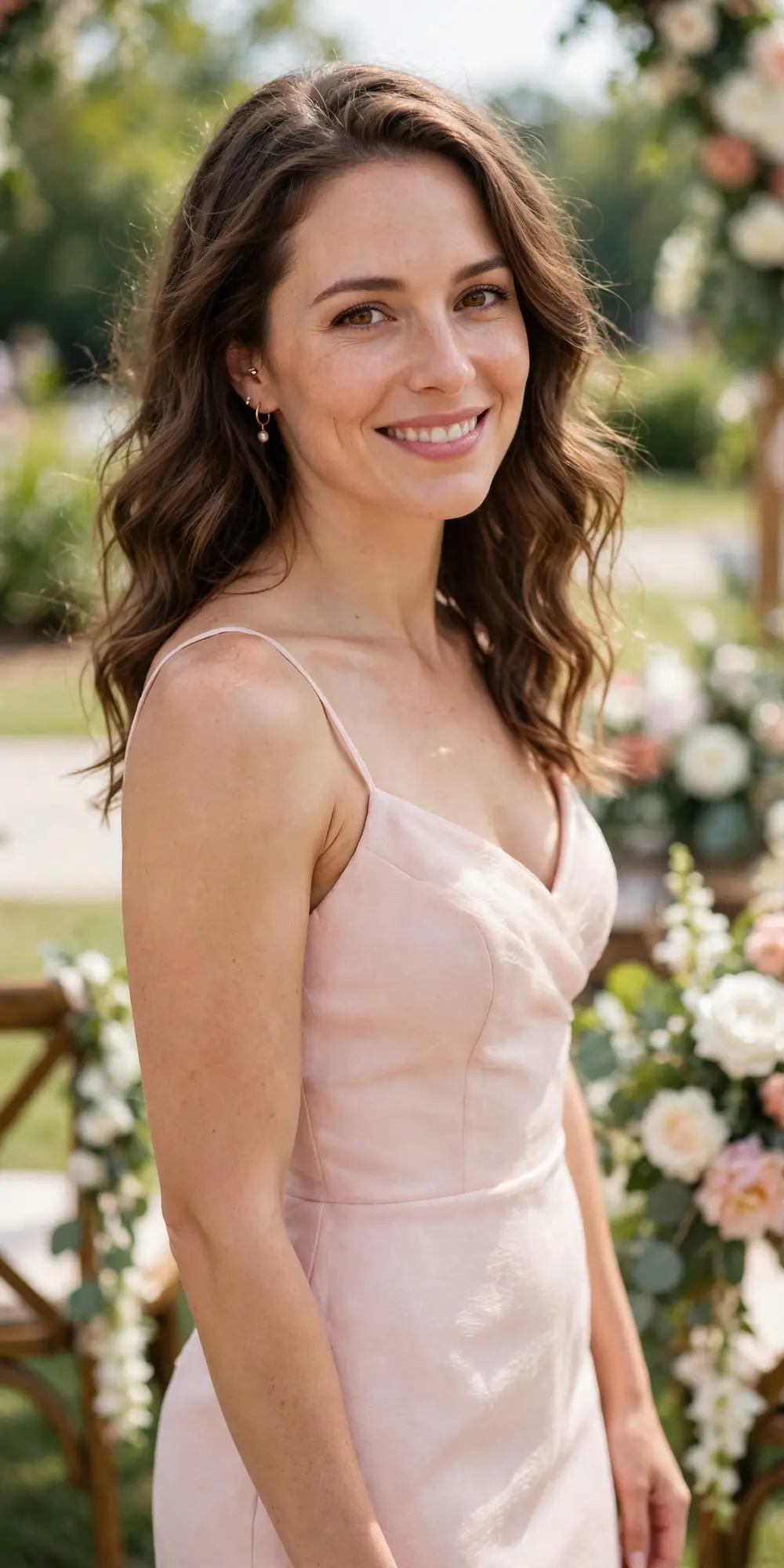 Woman wearing a short blush cocktail wedding guest dress with thin straps at a daytime wedding