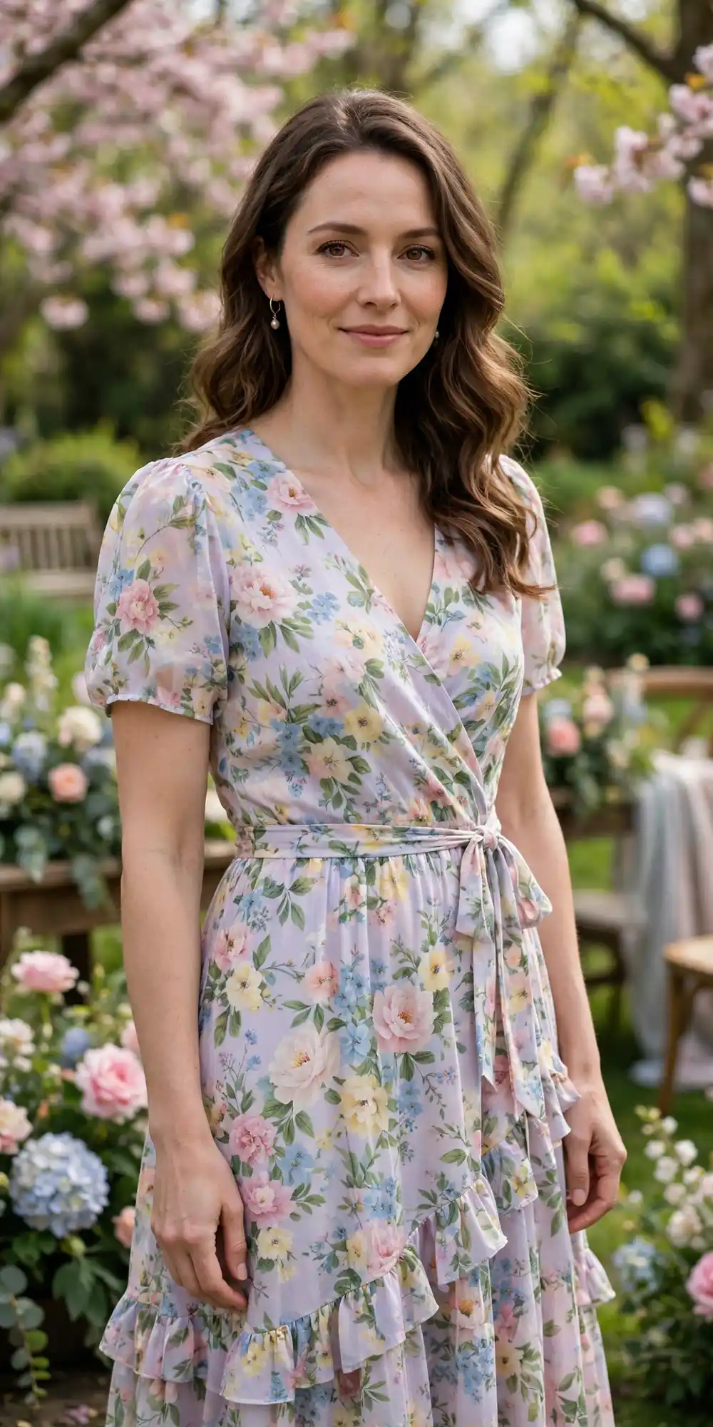 Woman wearing a pastel floral midi wedding guest dress at a spring garden wedding
