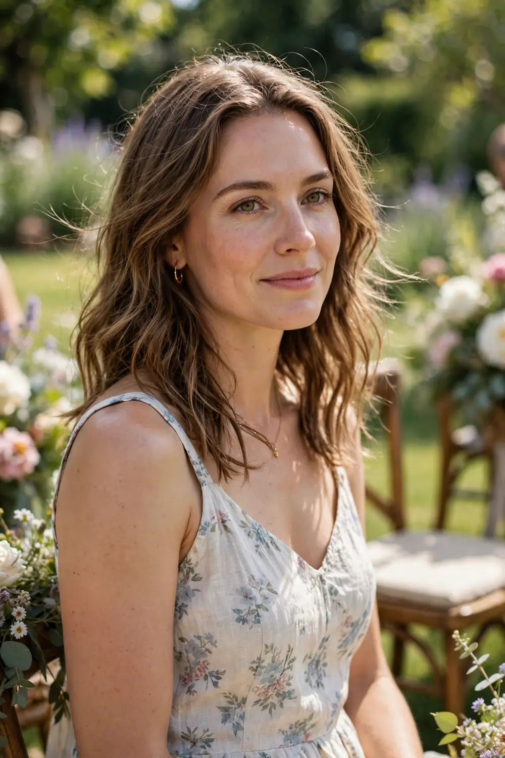 Woman wearing a light floral linen sundress as a wedding guest at a summer outdoor ceremony