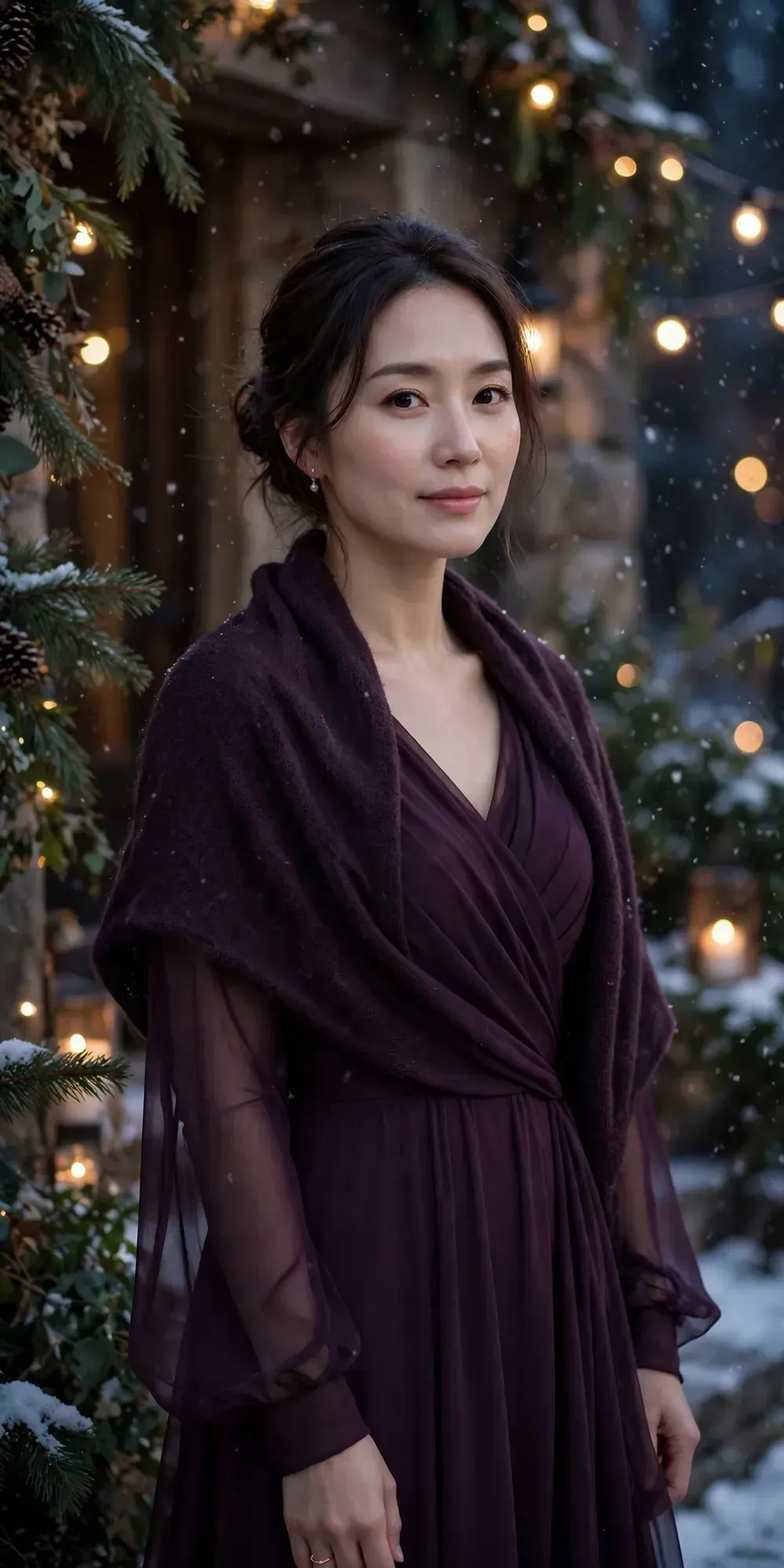Woman wearing a dark plum long-sleeve chiffon wedding guest gown with a wrap shawl at a winter evening wedding
