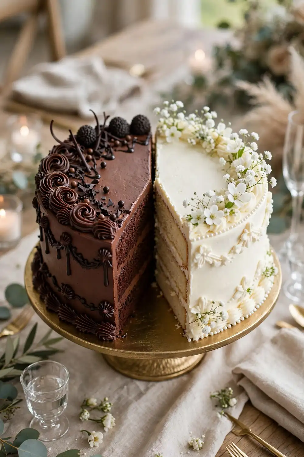 Half-and-half split wedding cake with two designs