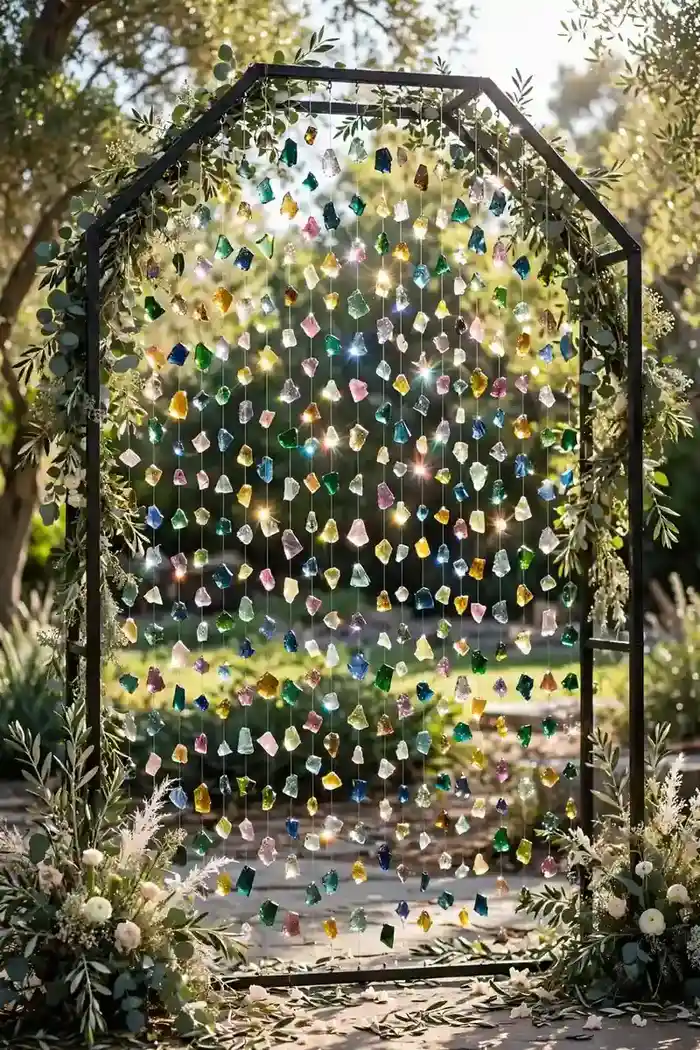 Wedding arch with suspended colored glass shards hanging on thin wires